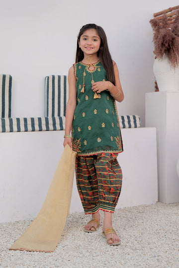 Kids formal clothes | Green & Multicolor | Formal 3 Piece Suit | Cotton Digital Print By Organza | KDD-02995